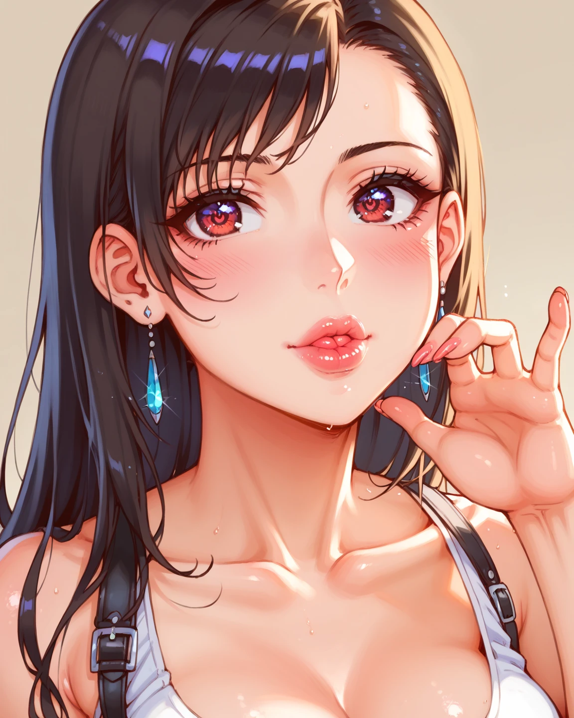 ((NFSW:1.6))、(masterpiece), ((最high quality)), (masterpiece,最high quality,Official Art,Highly detailed CG Unity 8k wallpaper)、Beautiful Japanese Women、Face drawn in detail、Smooth Skin、Calm expression、high quality、Realistic、((Hollow Eyes:1.3))、A seductive smile、(Open your mouth and stick out your tongue:1.5)、Looking up at the viewer:1.4、(Saliva:1.8)、((Place one hand over your mouth))、Big Breasts
