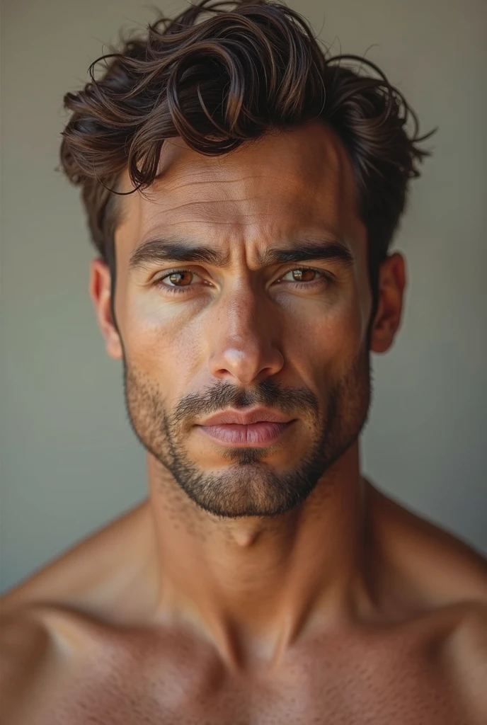 Un homme avec des epaules larges, cheveux chatain, machoire carrée avec de la barbe de 3 jours, coupe de cheveux court avec de l’epaisseur et des yeux marrons agé de 25 ans et pas trop bronzé, photo naturelle, cheveux court sur le coté style parisien, torse nue please