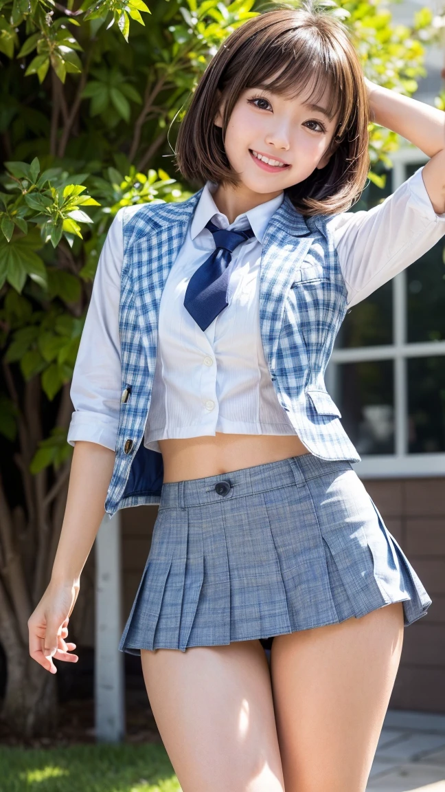 Cute Japanese Girl, Slender beauty,Cute face,Perfect Face,smile,hair ornaments,Sleeveless shirt with white collar,Blue tie,Natural light,Skirt Lift,Thin legs,Pussy in full view,Knee,autumn leaves,Beautiful pussy,Kick up your legs