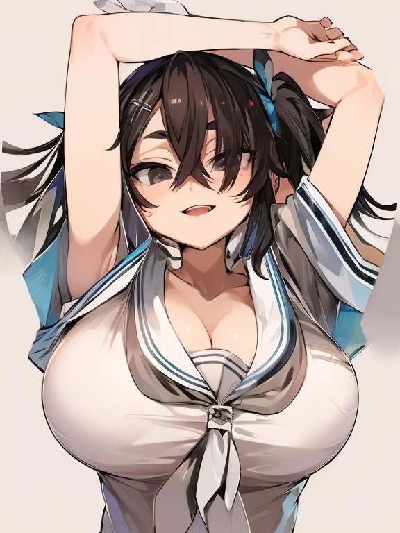 Anime illustration、highest quality、A short, plump high school girl、first round、Sweaty、Tube top、hot pants、Perfect proportions、River campsite、overwhelmingly big breasts、very thick thighs、Beautiful, shining eyes、Cowboy Shot、smile、Noise Reduction