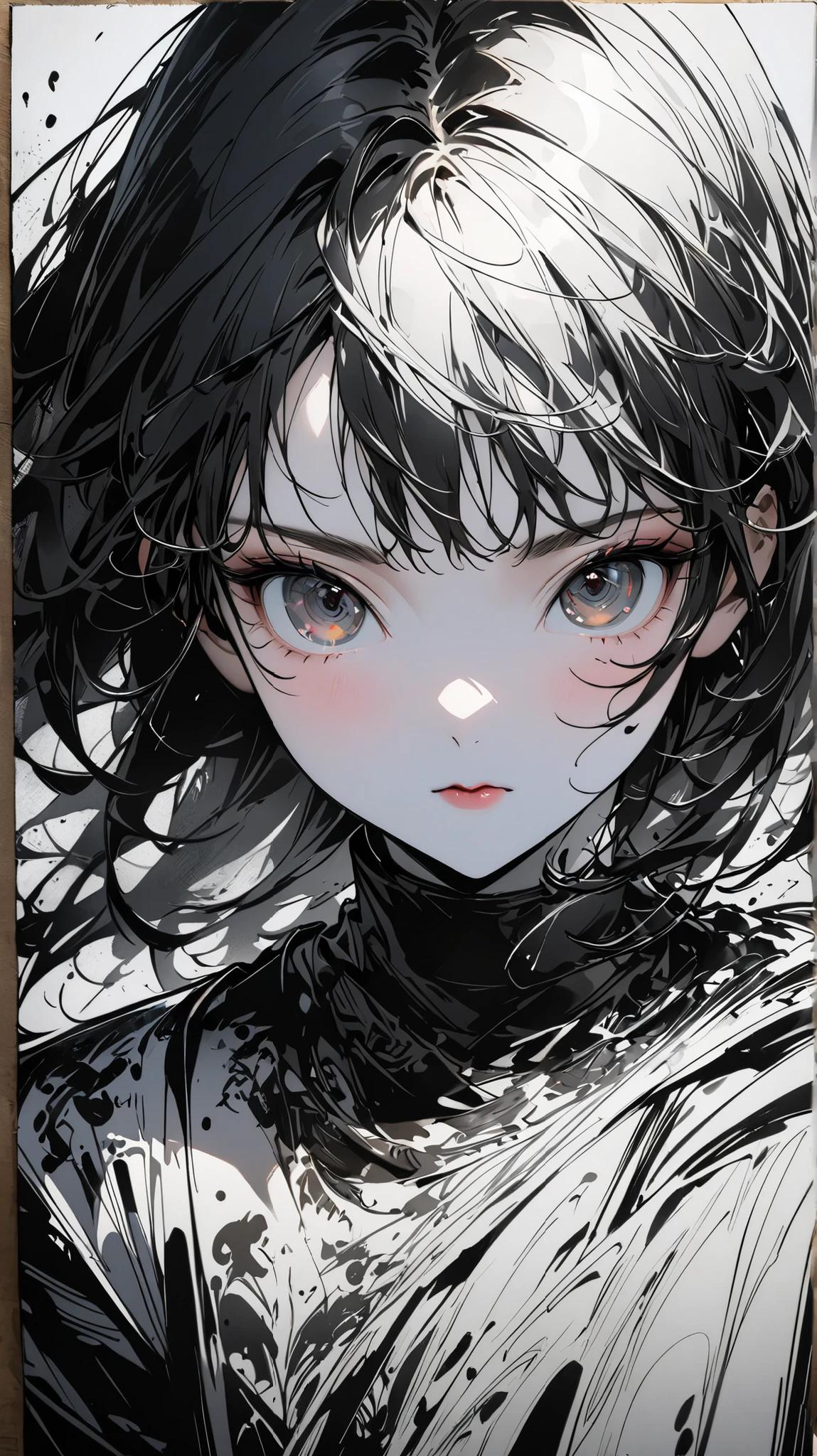 A zoomed-in view of a woman's face, captured in black and white, her eyes gazing directly at the viewer with an intense expression, her features etched with a sense of mystery and allure, surrounded by wisps of fog, adding an ethereal touch, Sculpture, carved from marble
