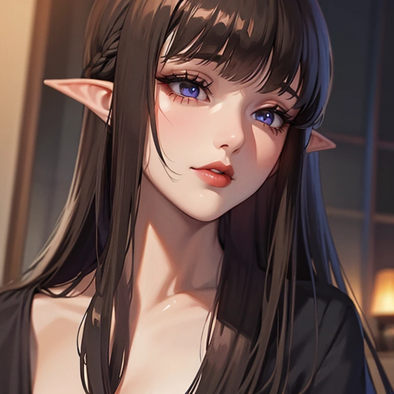 (Top resolution、Distinct_image)top-quality、A girl、masterpiece、highly detailed, half body, Semi-realistic、purple eyes 、18year old, dark red hair,young 、Exquisite facial features、Facial features ,variation potrait, long hairstyles, teenage, cool , cold sharp eyes, An expression of despair., lifeless eyes, blood on face and clothes, , {Very detailed 8k CG unit wallpaper}, Handsome, solo, female, vampires, luxury dress, dark cloak, Gothic, elf ears , loyalty , black clothes