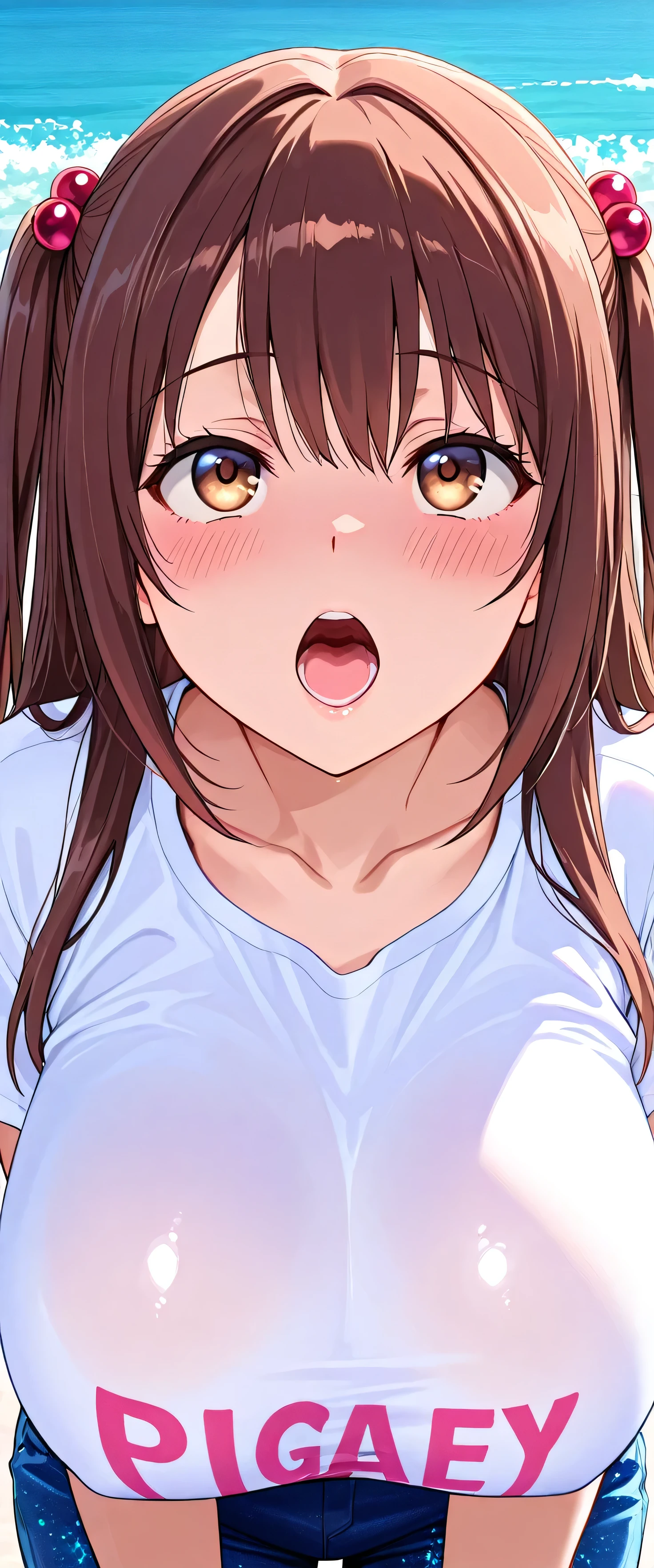(((Open your mouth wide))),(beautiful girl: 1.3),masterpiece,Please redeem,Ultra-high resolution,Rich contrast,Very high quality,8k,Highly detailed CG unit wallpaper,Texture,So ridiculous,RAW Photos,Please redeem anime,Depth of written boundary 1.2,ultra-detailed eyes,Glowing Skin,Glitter Effect,Beautiful glossy lips,,Uchida Yuka,long hair,brown hair,two side up,hair ornament,hair bobbles,bangs,brown eyes,sea,(big breasts:1.7),White T-shirt with pink English lettering,Embarrassing,blush,Leaning forward,Looking up,Tilt your head