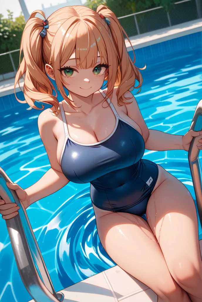 Anime style, source_anime, ((Large round breasts)), (1 Girl), ((blonde hair: 5.2, short and wavy, hair with bangs)))), green eyes, double eyelids, light effect in the eyes, wide hips, tiny pleated skirt, naughty smile, ((hourglass hot perfect sexy body)), solo, best quality, masterpiece, portrait, flirting with viewer, sensual pose, detailed, perfect anatomy, detailed art, high definition, 4k , high resolution, in pool, ((pussy naked, bra)),