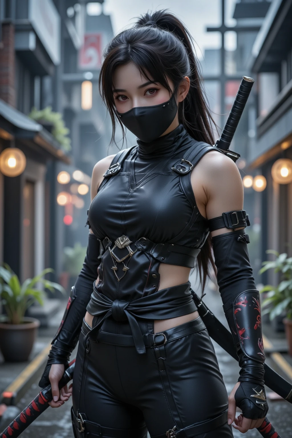 A futuristic cyberpunk female character, heavily tattooed, wearing a metal face mask and armor, holding a futuristic weapon, dark sci-fi dystopian city background, intricate details, hyper-realistic, cinematic lighting

