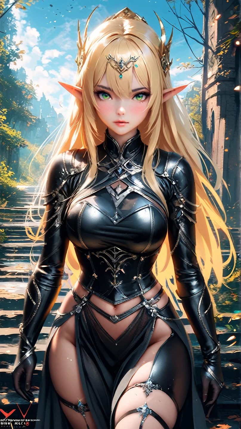 ((high-level image quality、masterpiece:1.4))、1 person、The upper part of the body、Gymnastics、long blonde hair、gradation hair、Super Beautiful Demon Hunter、beautiful countenance、red-lips,beautidful eyes、Models with large breasts、perfect face shape、Black and red sexy chest armor、Glossy black and red trousers and leggers,Having a rapier,with a large kissel,Golden decoration,Realistic proportions、Dynamic poses、High Details、Convoluted、intricate-detail、Realistic eyes、Realistic eye proportions、foco nítido、32k、Realistic lighting、Extreme details、Realistic pupils、Eyes with realistic proportions、Pupils of realistic proportions、Realistic shadows、Evafee