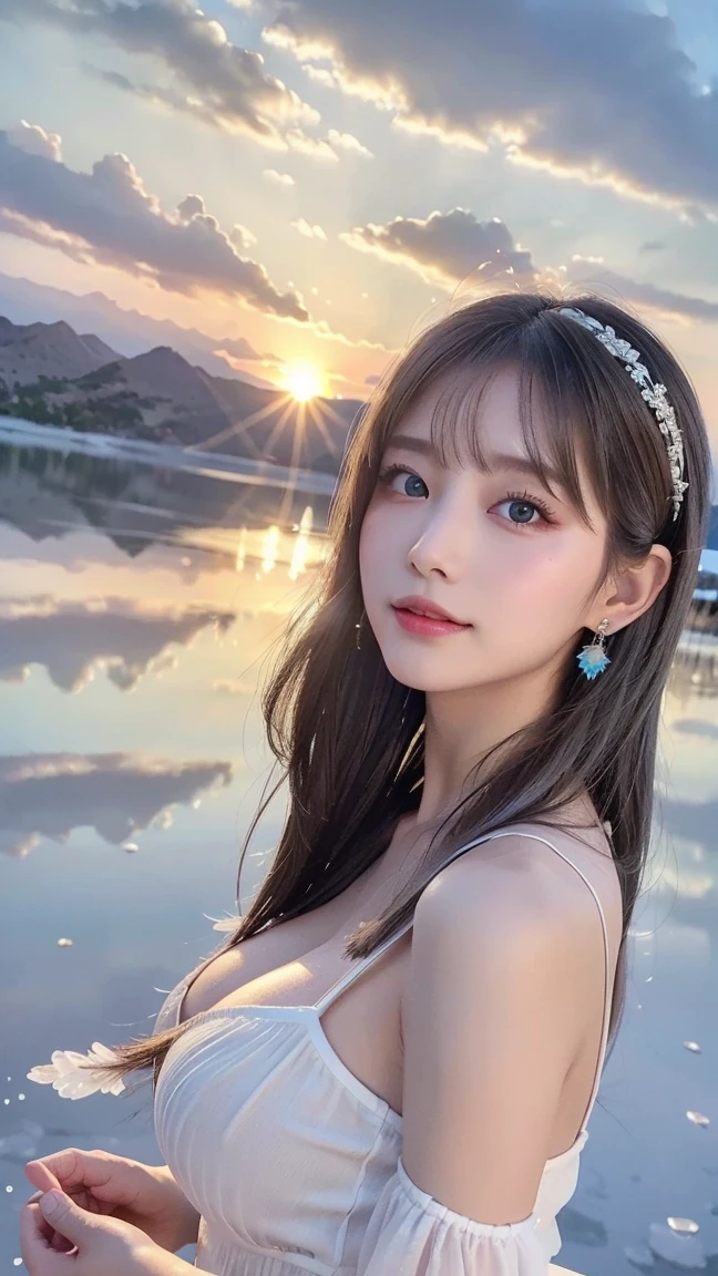 1 girl, masterpiece, Very detailed, (Beautiful and delicate shine), Lens flare, Gray Hair, Medium Long Hair, Floating Hair, think return, return, return, smile, blue eyes, naked, Big Breasts, Upper Body, Wide Shot, , ((Uyuni salt lake)), sunrise, cloud, returnlight, Purple Sky, Yellow Sky, Gradient Sky, ,Huge breasts,Looking at the audience,Detailed eyes,Detailed nipples