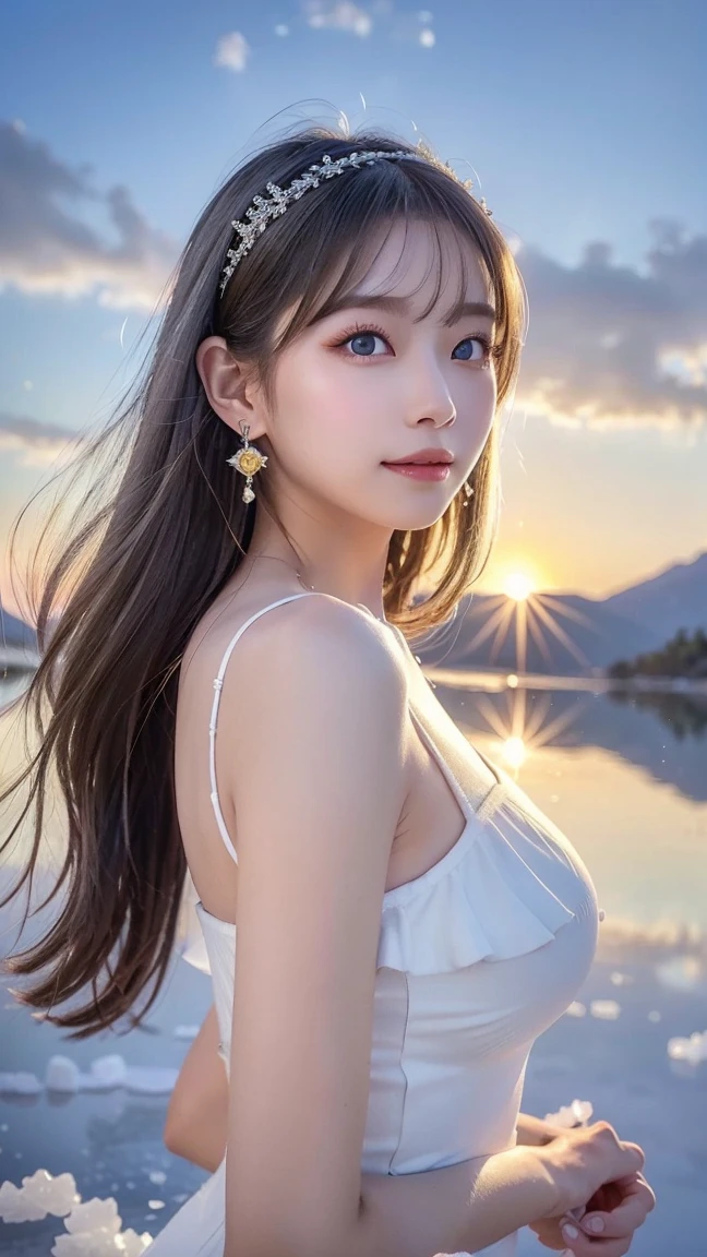 masterpiece, (photogenuineistic: 1.4), highest quality, beautiful lighting, outdoor, Girl Single, alone, jewelry, earrings, long hair, emeraldgreen eyes, black hair, outdoor,big breasts、 Scapula,Smile、Lips that shine with glitter, null, sunset, Braided hair, hair ornaments, genuine, bangs, cloud, necklace, pillars,, (big breasts:1.2)、(Highly detailed wallpapers in CG unity 8k), Complex, high detail, sharp focus, dramatic, beautiful girl, golden details , Raw photo, 8K UHD, film grain