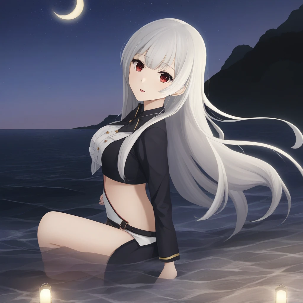 young woman ,height 155 centimeters ,breast size 2 ,ash white hair , fluffy ears with black tips ,white tail with black tip ,fox ,Someone ,cat , skirt ,stockings ,topic ,cat ears ,small ears ,Black Ear Tips,black tip of the tail , black ears ,черный foxий хвост ,skinny legs, Red eyes ,5 fingers on 1 hand , large magic staff, long magic staff,buyer ,Beach,bikini ,swimsuit
