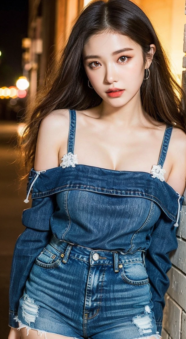 (Highest quality、Ultra-high resolution、masterpiece),(Delicate face,Detailed eyes and face、double eyelid、Glossy red lips)、Collared shirt、(Denim midi skirt:1.2)、(silk pantyhose:1.0)、High heels、Long, slender legs,Sitting pose, High-definition skin texture、Happy expression、Large Breasts、Night in the background、Wind、Starry Sky、moon、(Full body portrait:1.2)
