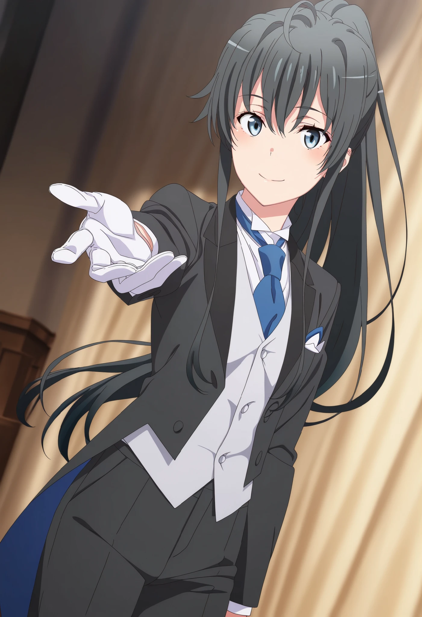 masterpiece, best quality, very detailed, , masterpiece, best quality, eyelashes, (Beautiful Eyes), cowboy shot, anime, Official Illustration, 1girl, solo, yukinoshita yukino, blue eyes, black hair, long hair, ponytail, tuxedo tailcoat, butler, blue necktie, black pants, gloves , standing, reaching at viewer, smile, close mouth, elegant pose , handsome girl ,1girl, solo, yukinoshita yukino, blue eyes, black hair, long hair, ponytail, tuxedo tailcoat, butler, blue necktie, black pants, gloves