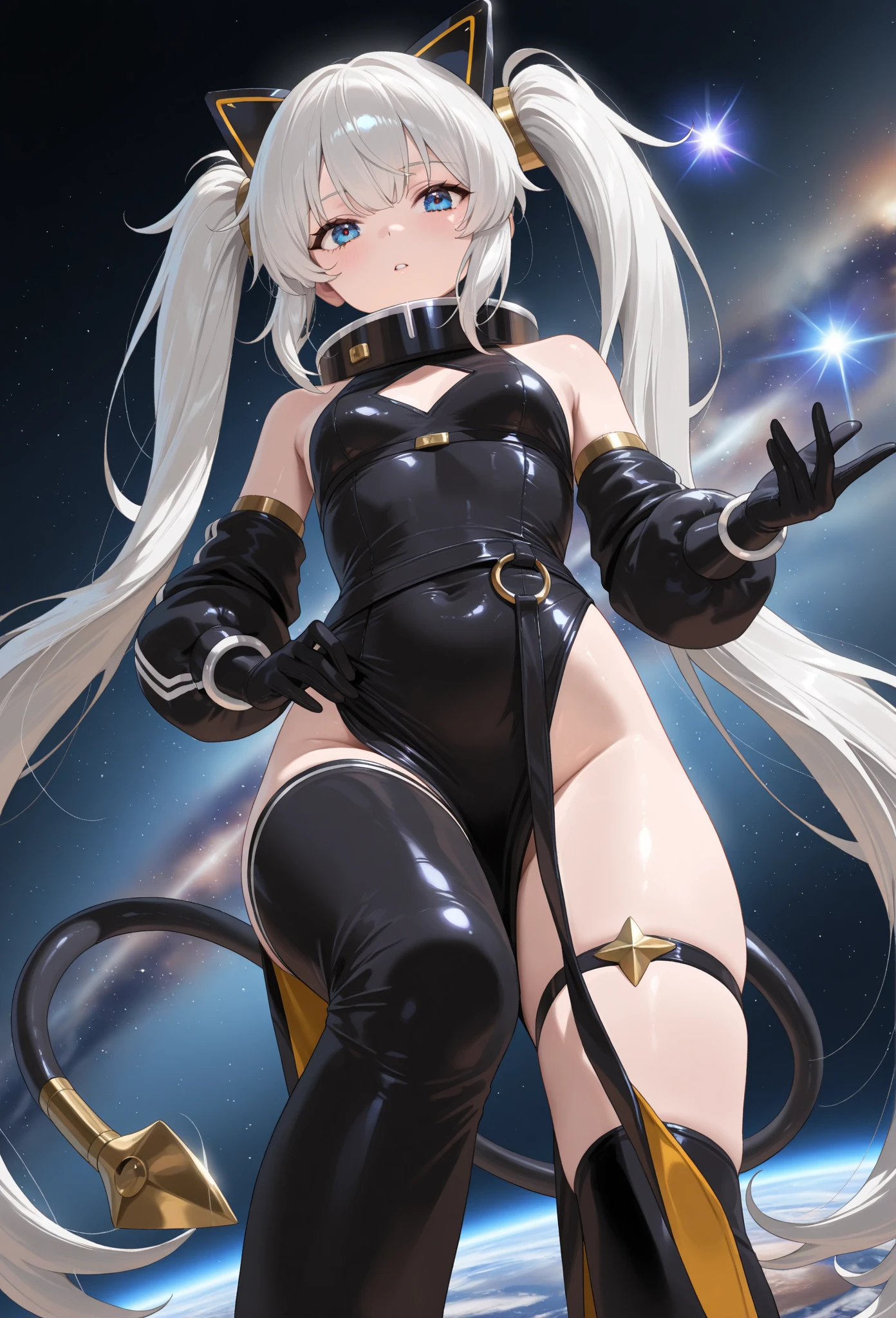 View from directly below, Raise one leg, sole, High image, Super Detail, High resolution, Anime, Manga, Illustration, Fantasy, super intelligent beauty, Amorous expression, Mysterious, Embarrassed look, Seductive look, Laugh mischievously, Happy, Shy, messy white hair, Sparkling blue eyes, Pink lips, Black glasses, Huge breasts, under the boobs, great proportion, perfectly proportions, slender, Full body, Flared Mini Skirt, roll up the skirt, Northern Renaissance style in the background, Fantasy, Galaxy, Magic Circle, Kaleidoscope, rainbow and gold neon light many lines, cyberpunked