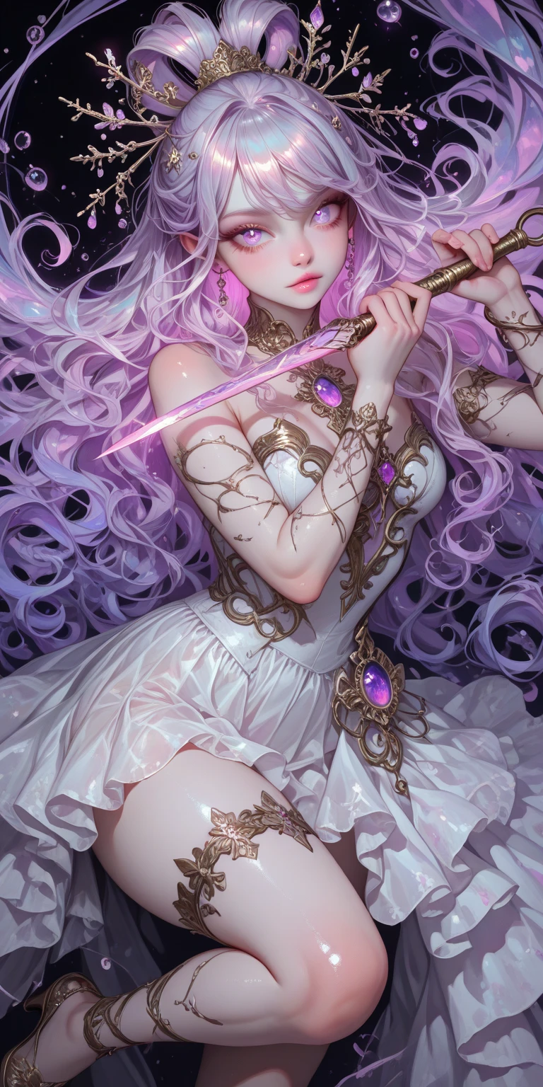 (((masterpiece))), best quality, illustration, 4K wallpaper, cinematic light, Absurdres, protrait of 1girl, long hair, purple crystal hair, glow hair, bloom hair, clothing princess, looking front