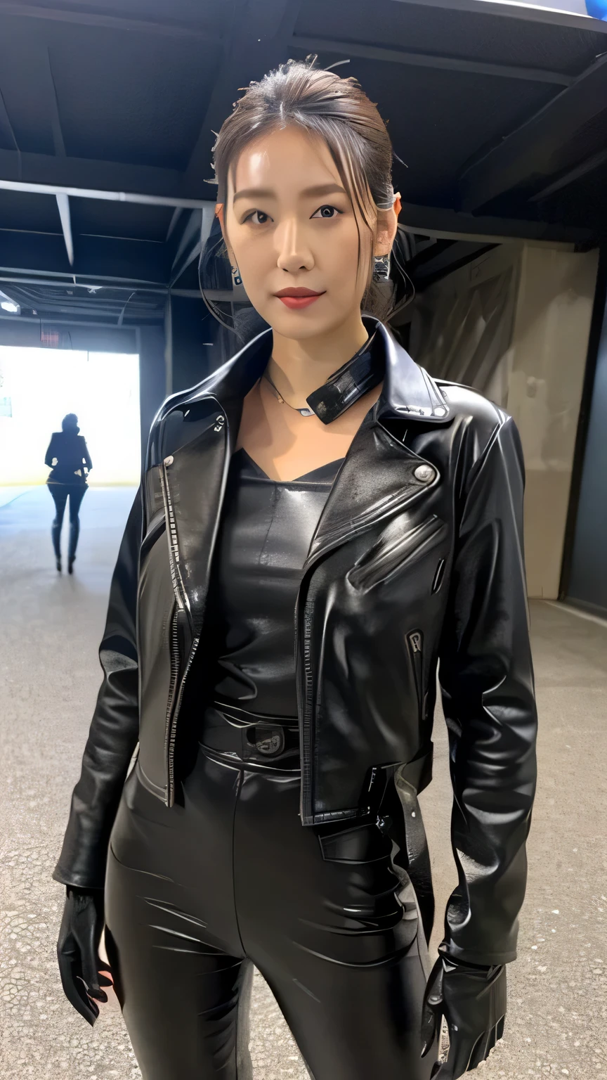 (masterpiece, high quality, high quality, 8k:1.2), best image quality, kirara, adult women, solo, alluring expression, Beautiful face, beautiful breasts, beautiful thighs, (dynamic pose:1.1), (cowboy shot:1.2), soft lighting, shiny skin, glamour, (big breasts:1.1), (Leather jacket, Leather skirt, Earrings, city)