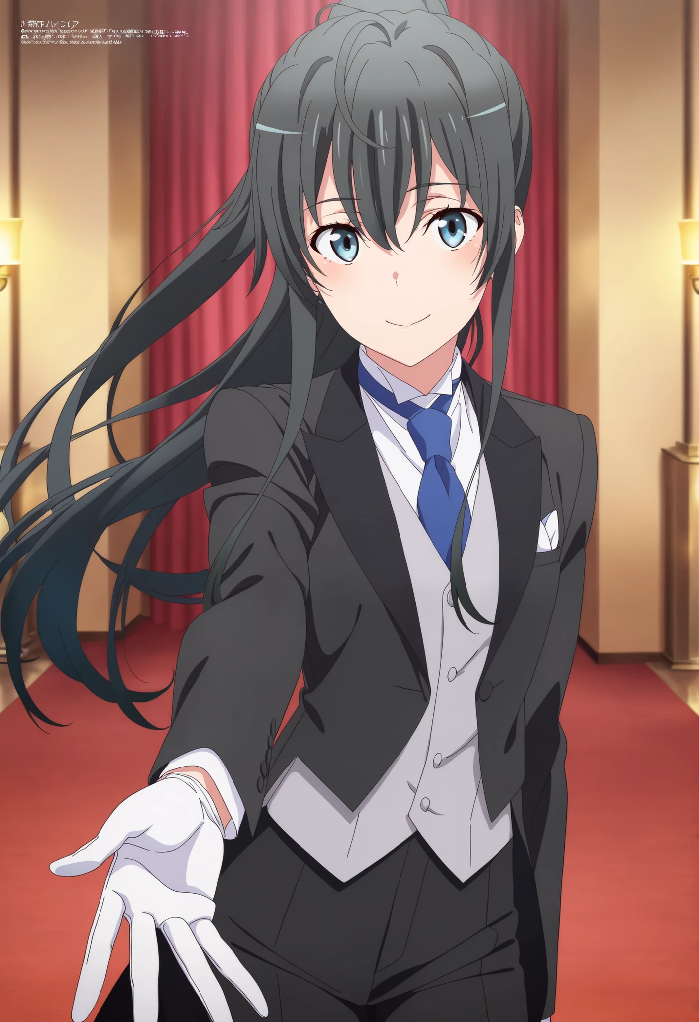 masterpiece, best quality, very detailed, , masterpiece, best quality, eyelashes, (Beautiful Eyes), cowboy shot, anime, Official Illustration, 1girl, solo, yukinoshita yukino, blue eyes, black hair, long hair, ponytail, tuxedo tailcoat, butler, blue necktie, black pants, gloves , standing, reaching at viewer, smile, close mouth, elegant pose , handsome girl ,1girl, solo, yukinoshita yukino, blue eyes, black hair, long hair, ponytail, tuxedo tailcoat, butler, blue necktie, black pants, gloves