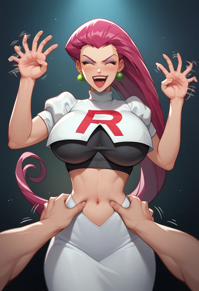  Generate an illustration of a mature jessie, ((pokemon)),  dark red hair ,  (aletta ocean face), de terno preto, (bikini:1.3), long hair, hair combed back, (gigantic breasts:1.1), in anime format with a serious style, (transparent sash around waist), ((white and black bikini)), black boots, gothic make up, masterpiece, ((dark lighting)), black background, (puffy lips),((slendered abs)), beautiful face,
