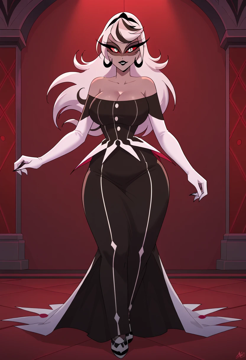 Big Breasts、Hide cleavage、Lots of lace、Devil、Black Dress、red heels、Long Red Hair、