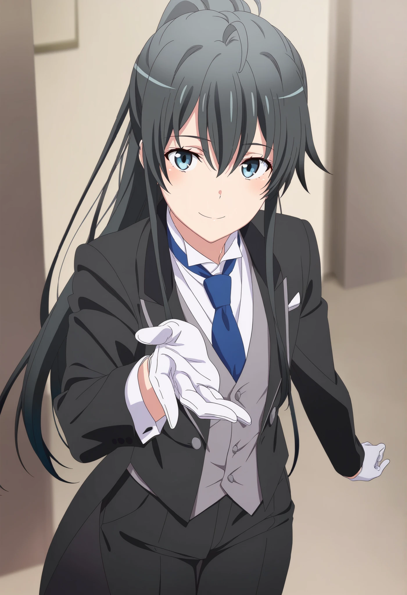 masterpiece, best quality, very detailed, , masterpiece, best quality, eyelashes, (Beautiful Eyes), cowboy shot, anime, Official Illustration, 1girl, solo, yukinoshita yukino, blue eyes, black hair, long hair, ponytail, tuxedo tailcoat, butler, blue necktie, black pants, gloves , standing, reaching at viewer, smile, close mouth, elegant pose , handsome girl ,1girl, solo, yukinoshita yukino, blue eyes, black hair, long hair, ponytail, tuxedo tailcoat, butler, blue necktie, black pants, gloves