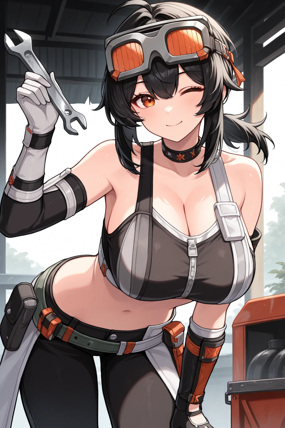 zzzGrace, black hair, ahoge, short ponytail, choker,large breast, mature woman,athletic body,navel,side-tie micro bikini, tools belt,(pubic hair),navel Piercing ,thigh belt,Gloves ,
goggles on head, Sleeve belt,
Hotel room scenery, standing, close up, from the side , looking at viewer, body heat,Body steam ,hand on hip ,blemishes, oil stains on the face, stains all over the body,oil,Dust, dust stains, dust stains on the body,Dirty body,dirty face,body heat,Body steam,dirty body,