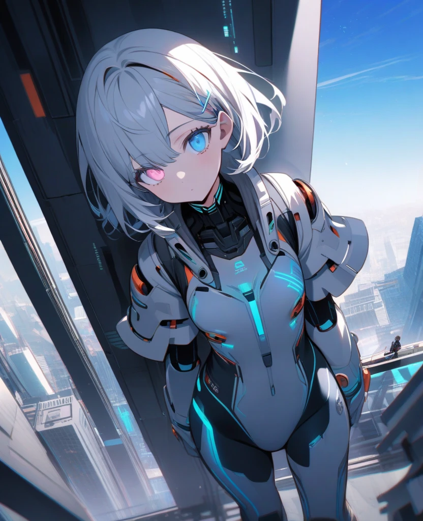 White hair, blunt bangs, bob cut, goggles on head, multicolored eyes, makeup, disgust, backlighting, masterpiece, accurate, super detail, award winning, highres, best quality, 8k, Cyberpunk, the world of science fiction movies, A Martian city in the year 2500, an android woman wearing a mechanic suit, Starry sky, meteor, from back