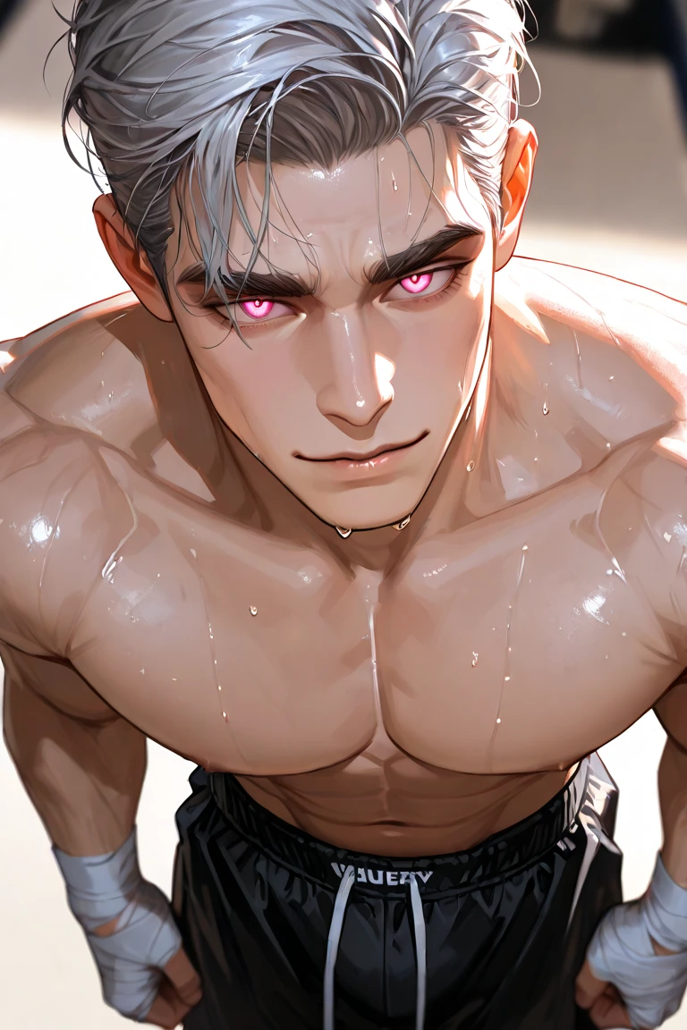 highest quality, 8K, high resolution image, anime style Jujutsu Kaisen, detailed strokes, bored look, blurry, 1 man, young, male, model, cool guy, muscular, white hair, red eyes, puffy chest, shirtless, background: gym