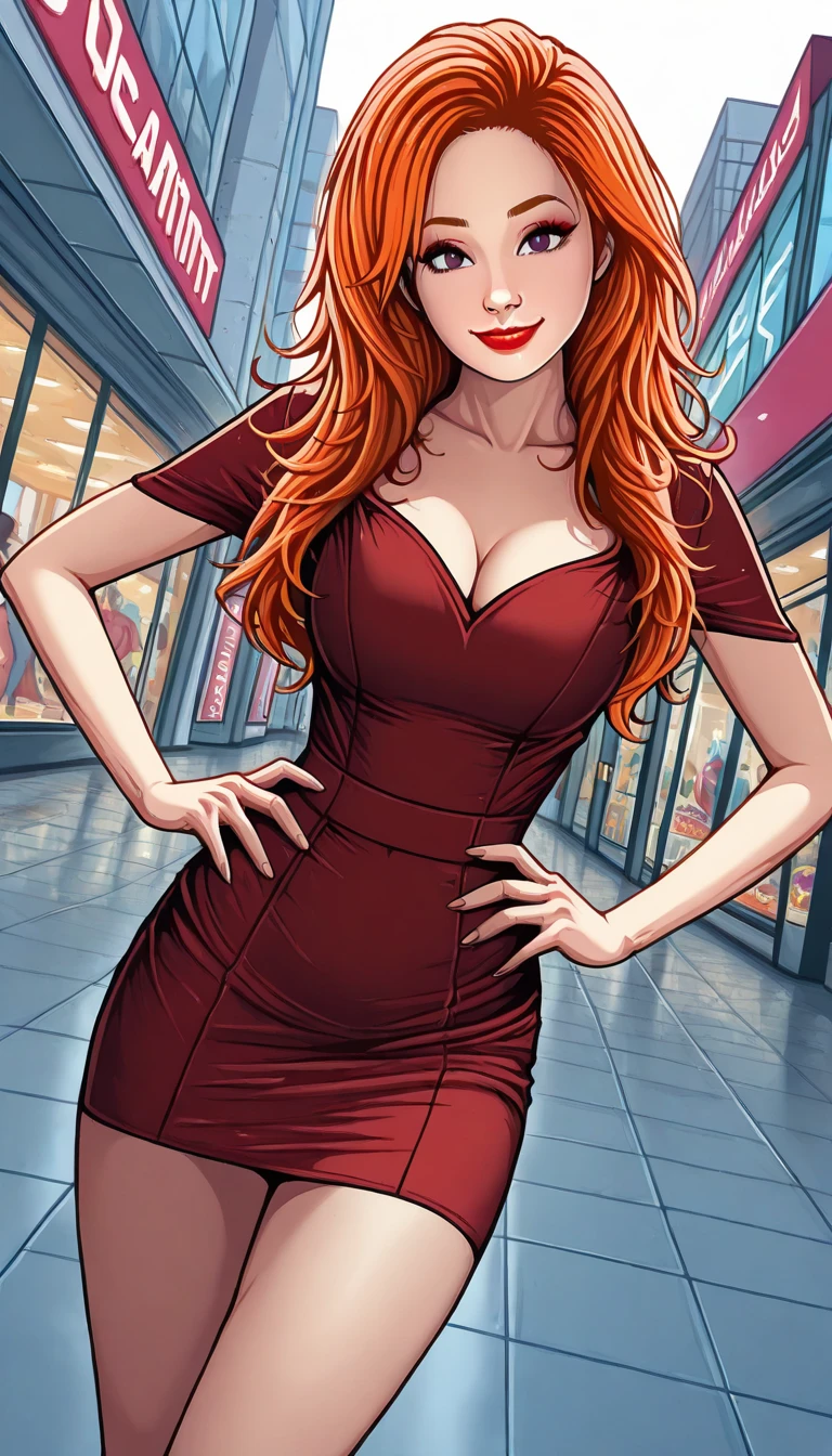 (1 girl, solo, (sexy posing) ), (girl is (redhead long hair), perfect body, detailed olive eyes, (red leather mini dress, cleavage), she's happy), (background closet interior, full of women's dresses and shoes), (high detail)