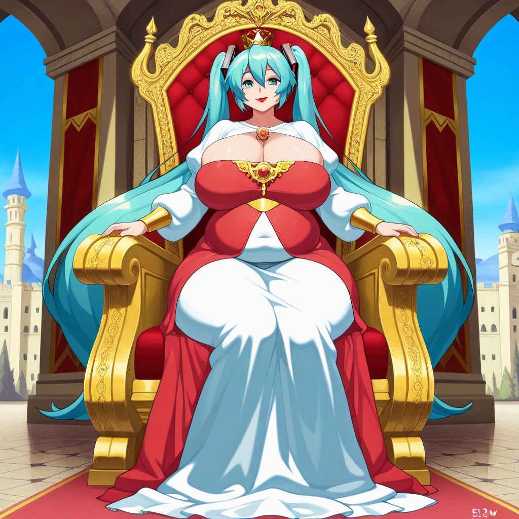 Nude extremely generous cutout, motherly-milf, soft mature expression, runnette-chestnut middle-long hair, queenly tiara, sexy sweaty glistening armpits:1.2, stilletto queenly high-heels, ((midnight)), (at isekai-fantasy castle hall at midnight), feisty woman, anime cels style, best quality, high resolution, 1girl, inspired by ntrman's work: queen who adopted a goblin, sweating, (bountiful generous breasts), swaying breasts:1.1, fleshy build, big thick arms, beautiful face, middle-long luscious brunnette-beige hair:1.1, half-lidded eyes, light-colored pupils, very thin motherly smile, [motherly face], Beautiful long legs, Beautiful body, extremely fertile motherly's body-shape, Beautiful Nose, Beautiful character design, bangs, purple eyes, ((bushy pubic hair:1.25)), sitting on the queen's throne - legs apart:1.35, (my arm is swaying hair enticingly:1.1), (looking at viewer), cowboy shot, front-view full body photo:1.1, -auto