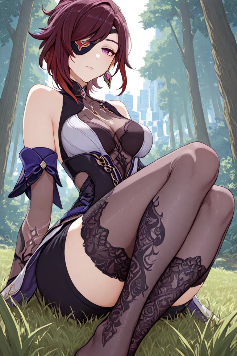 gothic girl, pale skin girl, medium brown hair, collar de sumision mediano, esposas de cuero, cintura delgada, corset , muslos gruesos, pechos grandes, fajas, piernas tonificadas, biceps, camiseta sin mangas negra, ropa de latex, gothic makeup, labios gruesos, ojos azules, paisaje campo primavera, arboles cerezos