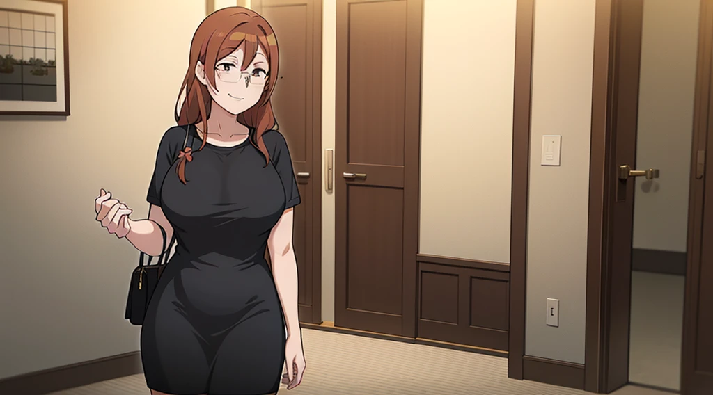Lucy Heartfilia anime woman in black shirt and glasses standing in front of a door, cell shaded adult animation, thicc, cel shaded anime, hinata hyuga, yayoi kasuma, shirobako, cel - shaded art style, anime girl wearing a black dress, nishimiya shouko, adult character, junko enoshima, sankakucomplex anime image, cinematic light, NTRman,