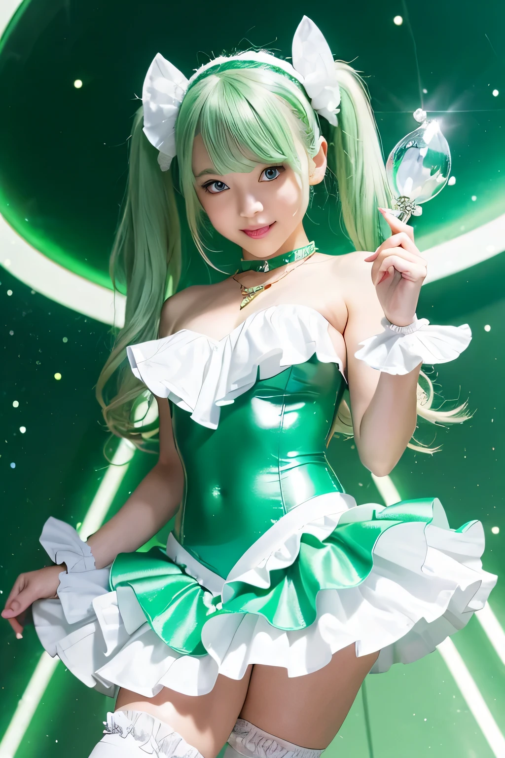 Intricate anime scene of kawaii magical girl hacker magically controlling and hacking a emerald — lit magical computer — style scenic, Anime Style -s 225