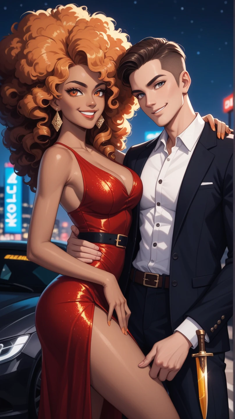 Luke Cage and Mary Jane Watson, both from the Marvel Comics Universe, enjoy an evening stroll. Luke is a handsome African American male with a bald head and a beard. Mary Jane is a beautiful Caucasian female with long dark-red hair and green eyes. Both are smiling. Both are dressed attractively for a night on the town. Mary Jane wears a black evening dress. Mary Jane has lovely makeup on her face. Nighttime. Romantic ambiance. Symmetrical eyes. Symmetrical faces. Lovely details. Photorealistic. Full-colored photo. Professional photo. Highly detailed 8K.