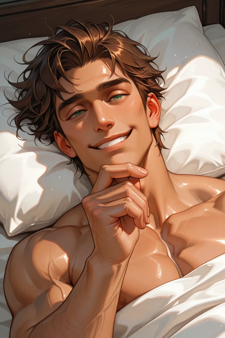 masterpiece, best quality, 8k, raw, canon 5d, f/1.8, iso 6400, wide-angle, Realism, photos,(detailed face), handsome,
Bedroom, morning, soft light, white sheets
Italian handsome 20 year old young man wearing a tight boxer lying on bed tired, smiling , lean but muscular, high detailed skin, shirtless, masterpiece, best quality, highres, realistic