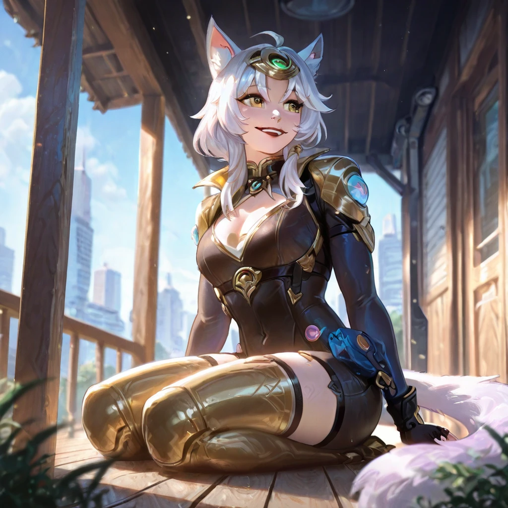 masterpiece,best quality, 8k,1girl,((furry)) , rivetlombax, blue eyes, animal ears, earrings, goggles on head, bangs, mechanical arms, scarf, bodysuit, belt, 1tail, (tail is attached to the ass) , forest, smile, not human, ass big,(looking flirtie) ,smile,forest,cartoon style, cute, (breast:1.7), full body picture, thick thighs, camel toe, night city, night time sky full of stars, arms crossed, Ratchet and Clank, (((arm, 5 fingers each hand