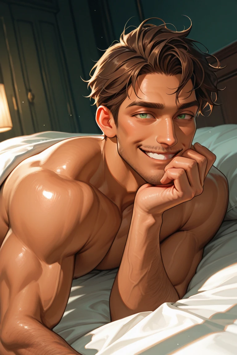 a handsome tall man, He is 28 years old，Thin waist，The pectoral muscles are well developed, He is 175cm tall，Weight 62 kg、yellow-green eyes、brown hair color、short hair、Shirtless、looking into camera，Smile,((lily)),cage,Lace-up,white rope,white cloth curtains,falling white petals，underwear，white gauze