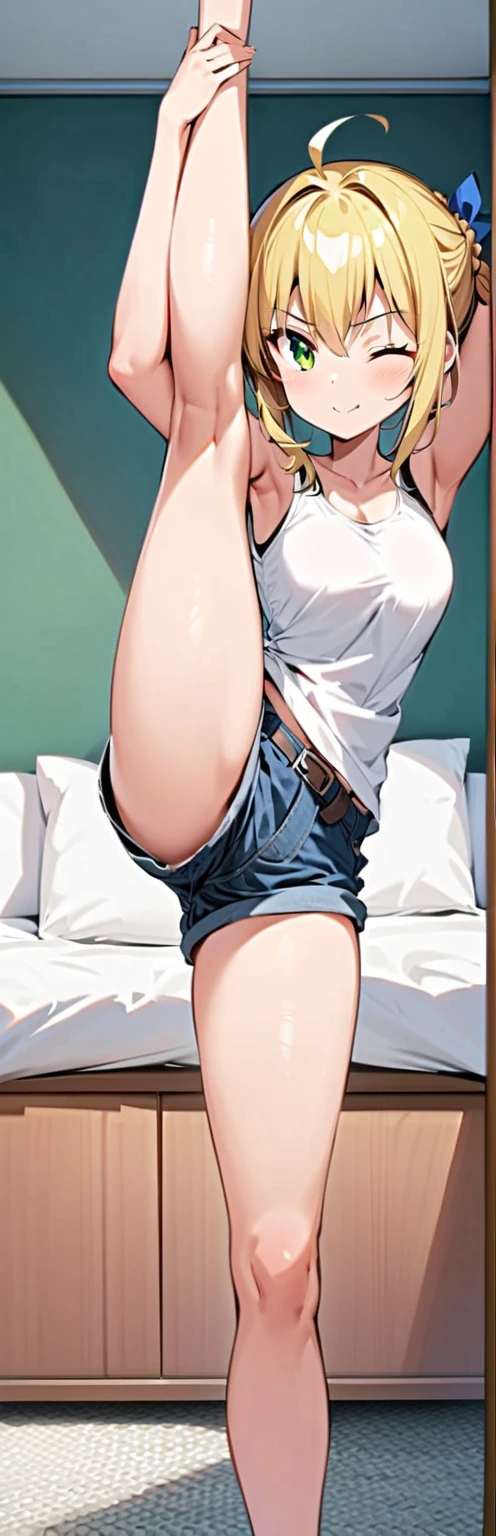 (Masterpiece, Best Quality:1.2), 1 girl, Alone,standing_to divide, 
wide, White Sleeveless Tank Top，blue denim shorts