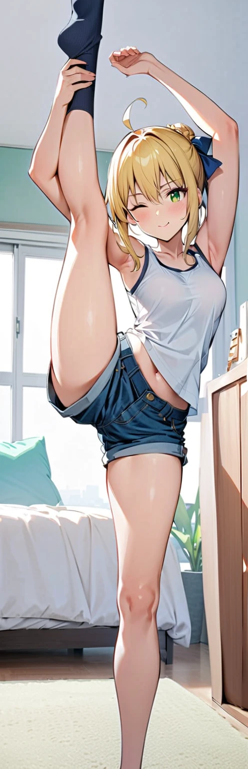 (masterpiece, best quality:1.2), 1 Girl, Solitary,permanent_,
Long hair, white sleeveless vest,Blue denim shorts