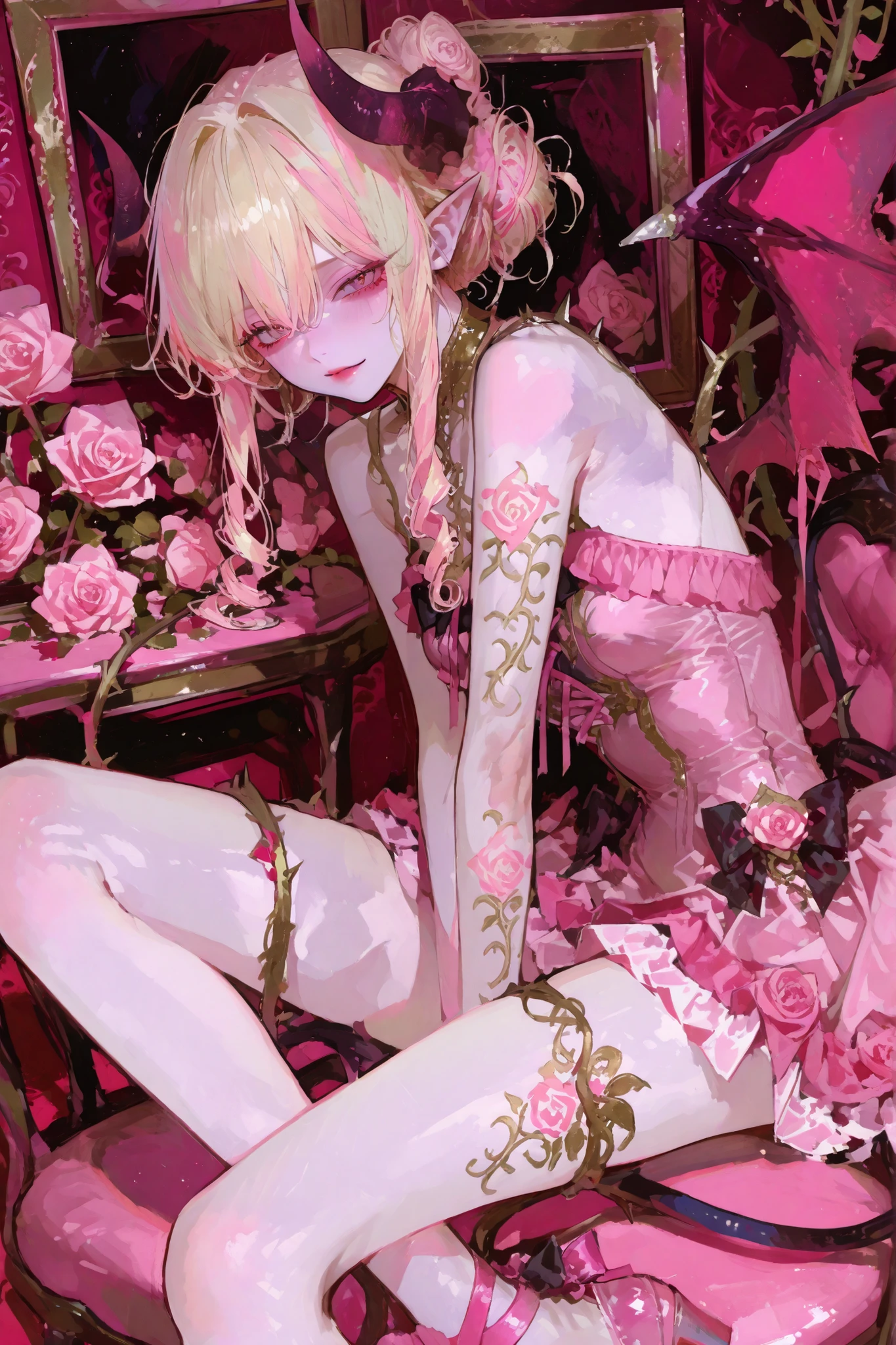 The mature adult woman/ demonic entitie/succubus. She has a busty figure, a small waist, and long legs. she has light blonde curly hair gathered in one single hair-bun, some curls are escaping from her hairstyle. Her eyes are fuchsia pink with narrow pupil. She has golden and pink tattoos of roses and demonic sigils of lust on her pale skin. She is wearing a pink Baroque styled mini dress with many pink roses , raffles, bows, laces. on her legs she wears a stocking with a garters. She wears pink shoes decorated with big bows and roses. She has a pink/gilded devilish pointy spiky demonic tail decorated with golden ornaments and pink roses. She has pink/gilded metallic sharp horns on her head , pink/gilded demonic webbed wings on her back, decorated with pink roses and golden spiked vines. On the background : pink/gilded Baroque room decorated by marble vases with pink and white roses.