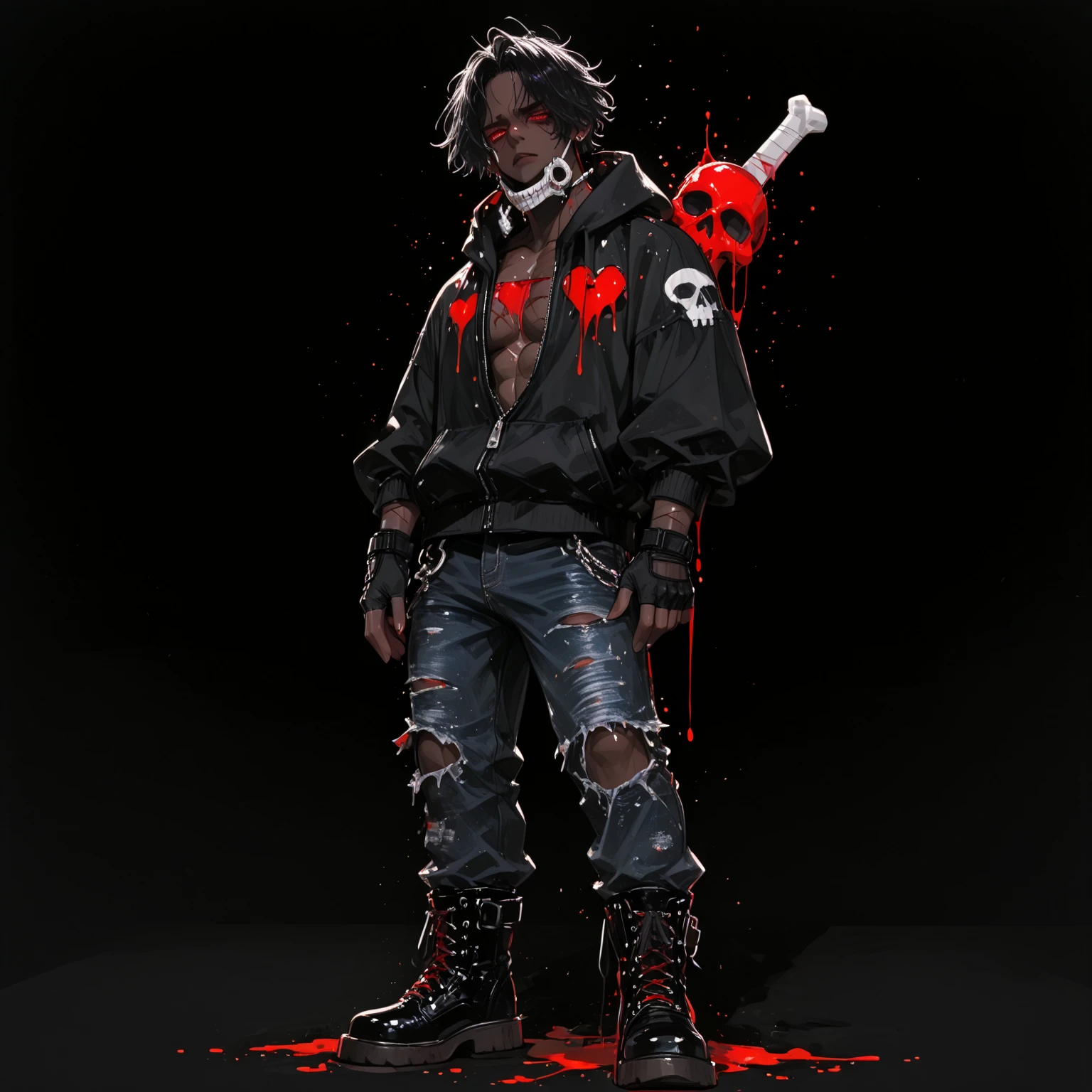 science fiction future 24th centry fullbody solo 1 savage black japanese defcon hacker Anthropomorphic zombie xxxtentacion juice wrld inspired hairstyle dreadlocks gang signs crazy wild details gangsta gang defcon baggy flabby trap sumpreme streetwear with a bad face threat look standing looking forward