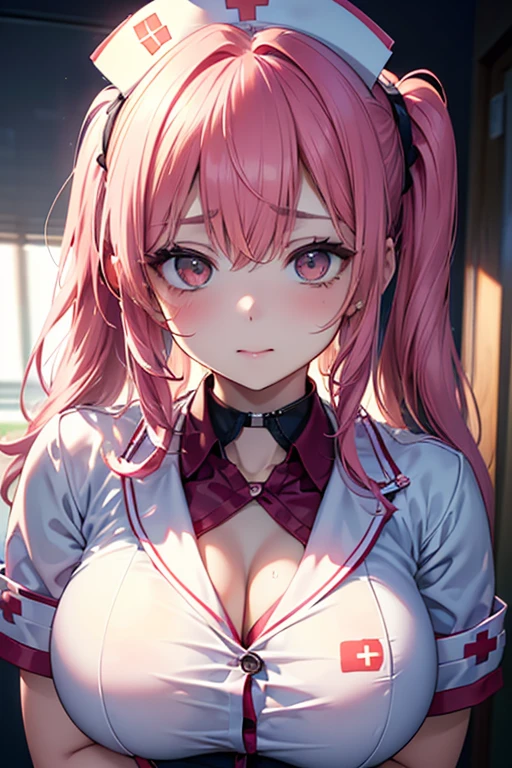 (best quality:1.2), (ultra detailed:1.2),(masterpiece:1.2),(8k:1.2),(Blessed,Captivating body、Ultra detailed hands、Ultra-detailed eyes、Ultra-detailed skin、ultra-detailed face,Detailed Background),One Girl、(bedroom,nurse, nurse cap, breast pocket, collared dress, short dress, short sleeves, thighs, white dress, white headwear), bbmarine, twintails, heterochromia