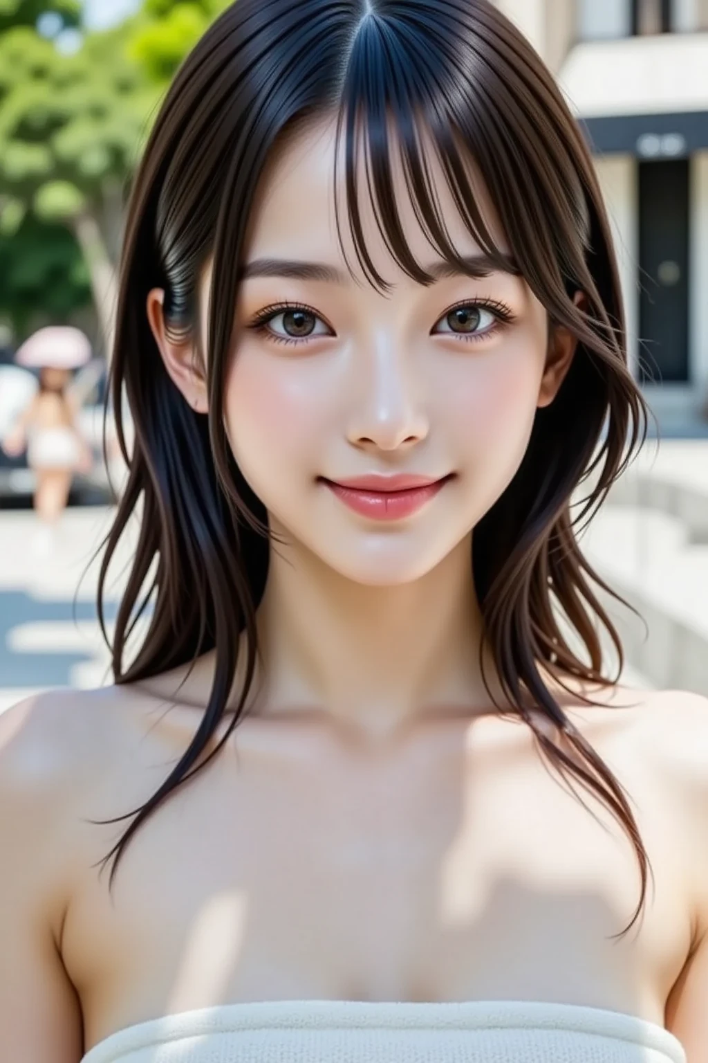 ((Top image quality、RAW shooting、masterpiece:1.3))、(Put out naked:2.2)、(No underhair:1.8)、(casual hairstyle、Super Detail Large:1.4、Hair swaying in the wind)、Face with super detail、Delicat eyes、二重まぶた、(innocent smiles:1.6)、Soft breasts、kindly smile、(E Cup Girl、23 years old Looks 18 years old)、(Uninhabited tropical beaches:1.6)、(Blue eyes:1.2)、open one's legs