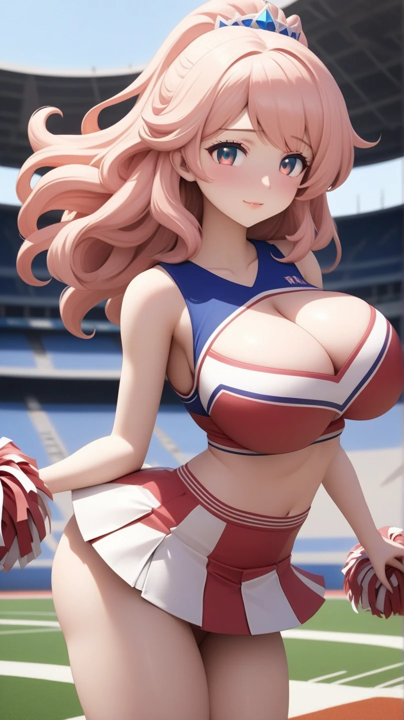 Masterpiece, huge breasts, perfect body, perfect breasts, perfect face, perfect fingers, gorgeous face, slutty, very huge breasts, erect nipples, 2girls, cheerleaders, very short skirt, bare midriff, bare shoulders, cleavage, blushing, cameltoe
