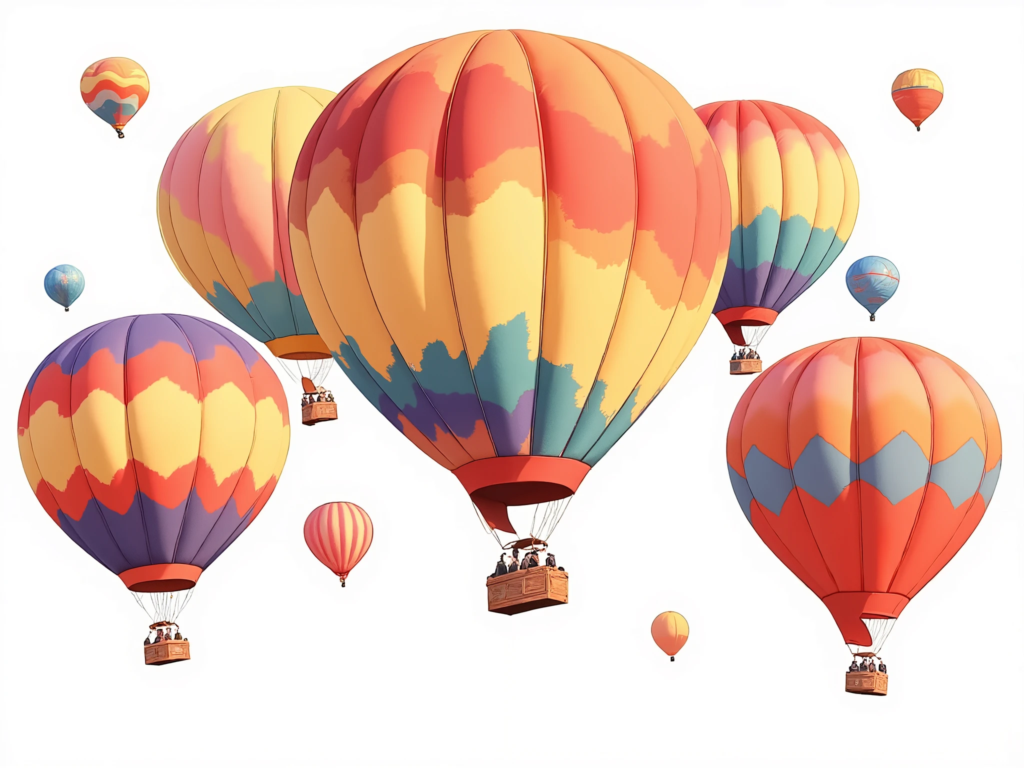 A group of colorful hot air balloons floating in the sky, highly detailed and realistic illustration style, ultra high resolution, each balloon has a unique vibrant pattern with red, orange, yellow, blue, and teal colors, soft fabric texture, realistic lighting and shading, no background, white background only, sharp focus, isolated on white
