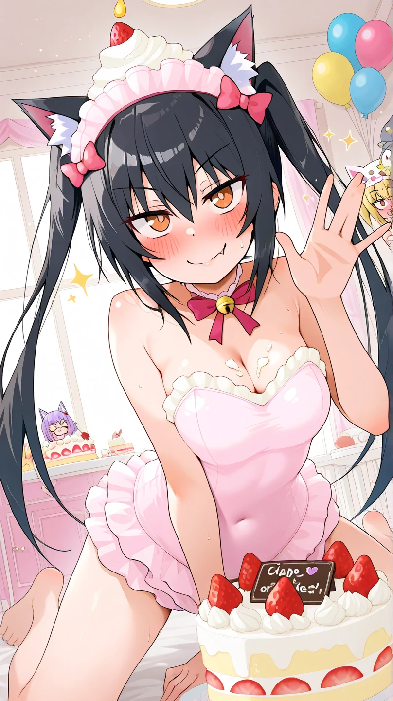 censored,score_9, score_8_up, score_7_up,source_anime, high res image,masterpiece,best quality,girl,cute face,clear skin,shiny hair,ultra detailed eyes,simple background , <lora:maid bikini_pony_V1.0:1> maid bikini, pink bikini, maid headdress, detached collar, thighhighs,ribbon,arm garter,leg garter,wrist cuffs,tray