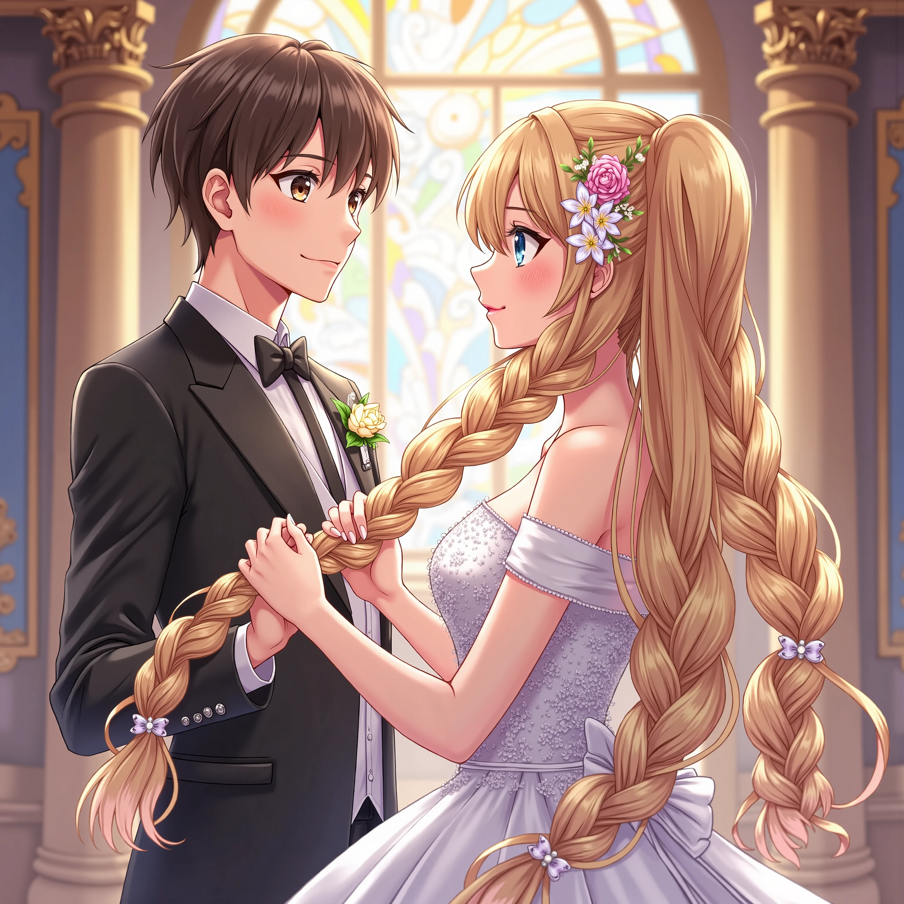 🌟:hochdetailliert,realistic with anime influence,Nahaufnahme,Foreground focus on the double braids and the entwined hands,which underlines their dominant posture.
🌌:a magnificent wedding chapel with high ceilings,royal tapestries and an altar in the background.The light falls through colorful glass windows and immerses the room in a warm,romantisches Licht. The bridal couple holds hands. the bride's hair is tenderly wrapped around the intertwined hands
😈:a charming bride with double ponytails,her hair is long and shiny,her hairstyle is elaborately styled and decorated with flowers and jewelry.She wears a luxurious wedding dress,which emphasizes her perfect figure.
**groom:** from his perspective you can see,as his hands are wrapped by the bride's double ponytails,the ends of the hair are wrapped like ropes around his intertwined hands.His hands are gently tied,which keeps him in a symbolic and delighted position.
🔥:the double braids and entwined hands are brought to the foreground,the detailed texture of the hair and the gentle wrapping of the hands are clearly visible.Der Blick des grooms ist auf die bezaubernden Augen der Braut gerichtet,that radiate with love and tenderness.The scene exudes a mixture of romance,Tenderness and a royal atmosphere.The light emphasizes the details of the hair and hands,four boys aged 18-21 years.
💋:Eine Nahaufnahme der doppelten Zöpfe und der umschlungenen Hände des grooms,which are gently wrapped by the bride's hair.The scene is full of romance and tenderness during the wedding ceremony.