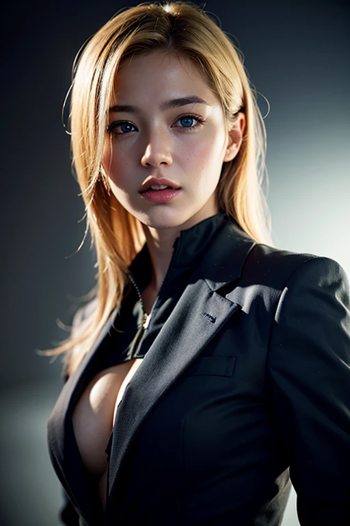 Best quality, masterpiece, ultra high res, (photorealistic:1.4), raw photo, 1girl, blonde hair, blue eyes, detailed eyes and face, black suit, dynamic lighting, in the dark, deep shadow, low key, cowboy shot full-lenght body