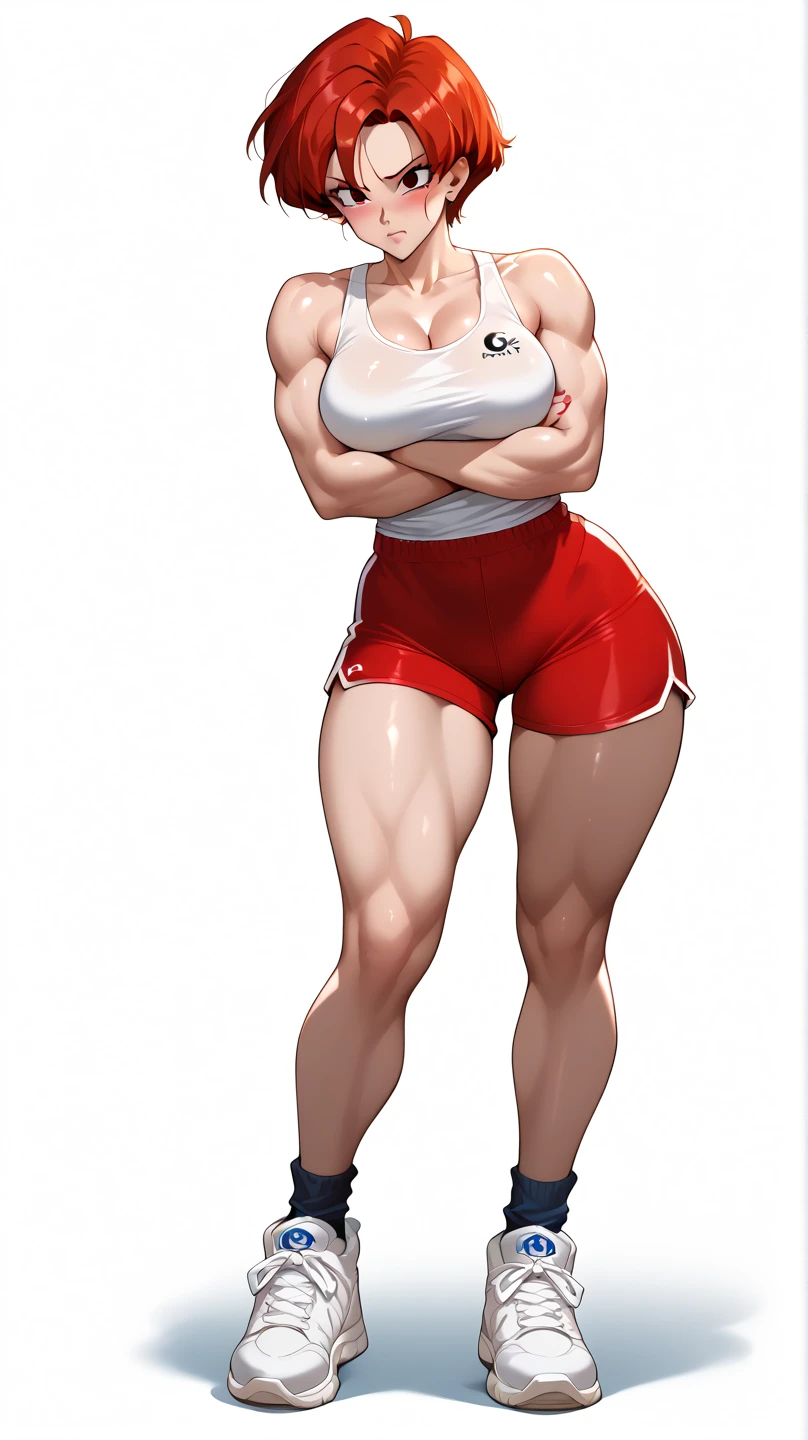 (plain background, 8k, best quality, masterpiece, realistic, photo-realistic:1.37) (full body height standing straight symmetrical contrapposto) (looking at viewer) 2legs apart (wide stance) ultra detailed, 1solo cute girl (beautiful detailed eyes) (smile:1.2) (closed mouth) view from below depth of field, good composition, WHITE SILVER bob hair, perfect knockers, suspenders, toned body, athletic, wide hips, thin waist, toned arms, exposed abdomen, abs toned, navel, big belly button belt ((red cheeks, red eyes, red tank top, red thong, red gloves gauntlets, red stockings thighs))
