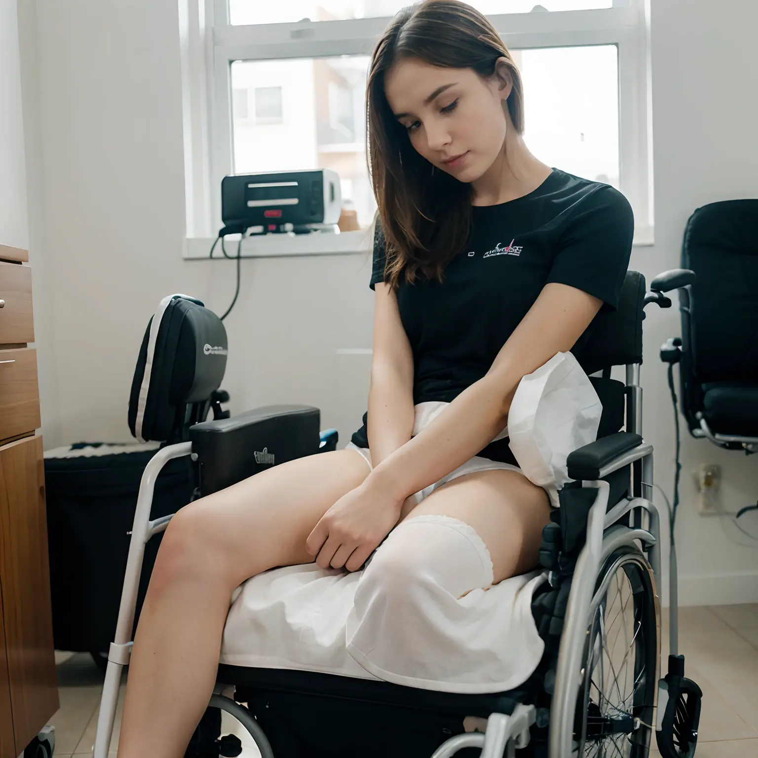 wheelchair user, young, naked, skinny, sick, open pussy