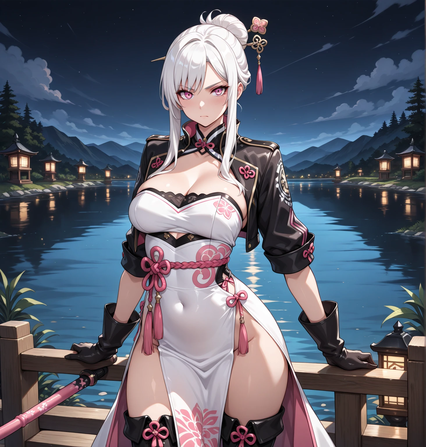 a very feminine japanese anime girl in some very provocative undies, 1girl, solo, breasts, stomach, smile, navel, twintails, long hair, thigh strap, blue eyes, looking at viewer, bare shoulders, long sleeves, grin, open clothes, underboob, huge breasts, paper lantern, thighs, panties, off shoulder, white hair, lantern, chinese clothes, halo, floral print, underwear, very long hair, cup, sleeveless, standing, black panties, string panties