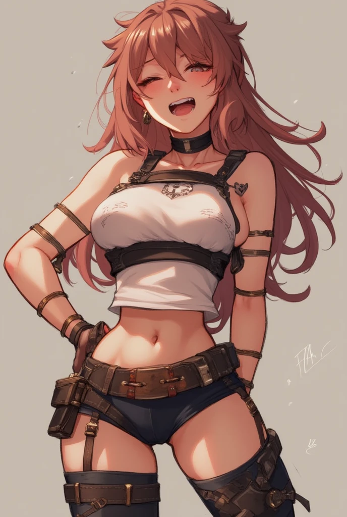 (Masterpiece, Best Quality:1.2), Cowboy shot, 独奏, 1girl, Neapolitan, Smile, closed mouth, looking a viewer, Hand on hip, Heterochromia, Brown eyes, pink eyes, big breastes, leotard, pants, wide thighs, belt, seen from behind, big butt, Leaned