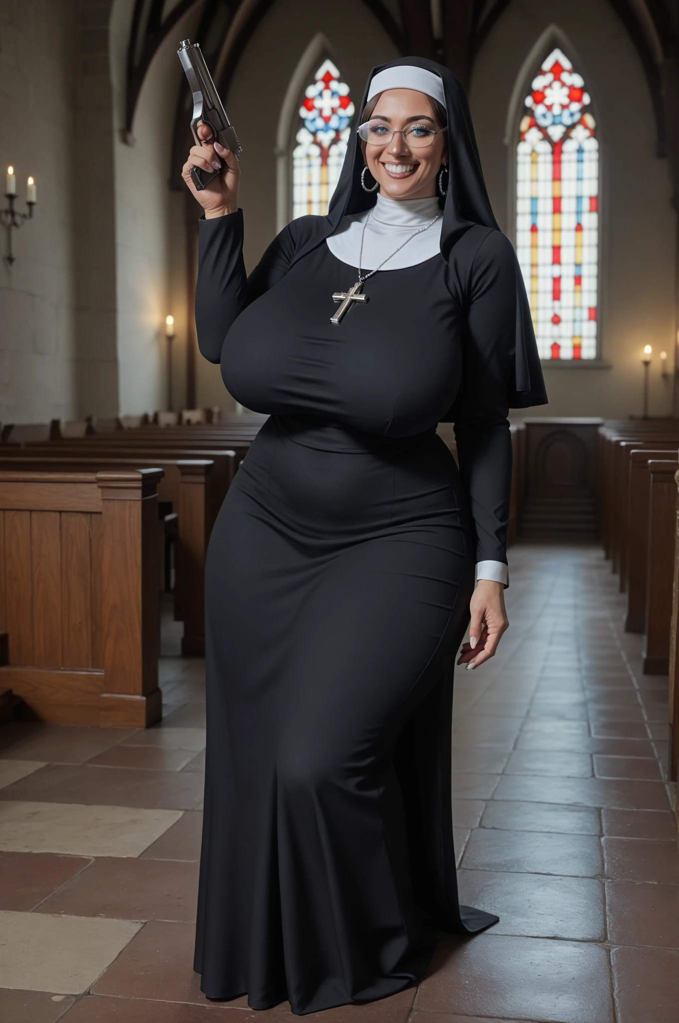 Beautiful black girl、smile、Huge breasts、Plump body、Monastic uniform、Nuns、Standing before the cross、In the church